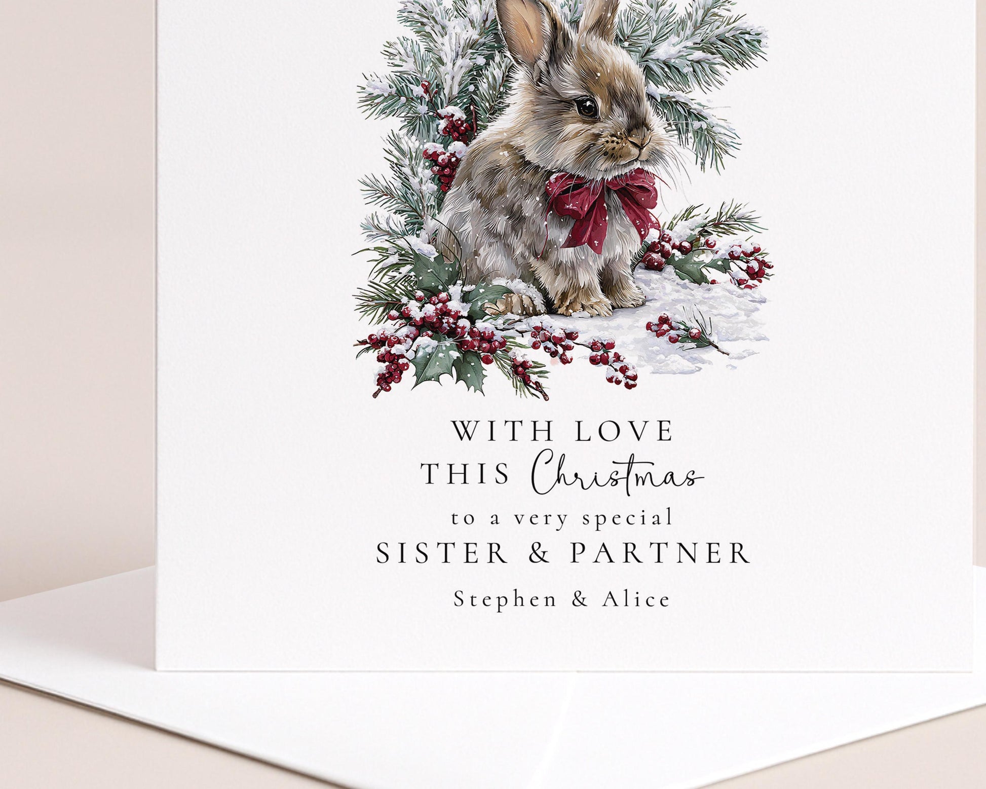 Personalised Christmas Card – Festive Bunny Design for Sister & Partner