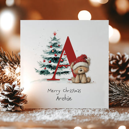 Personalised Christmas Card - Festive Initial Letter A With Teddy Bear & Tree