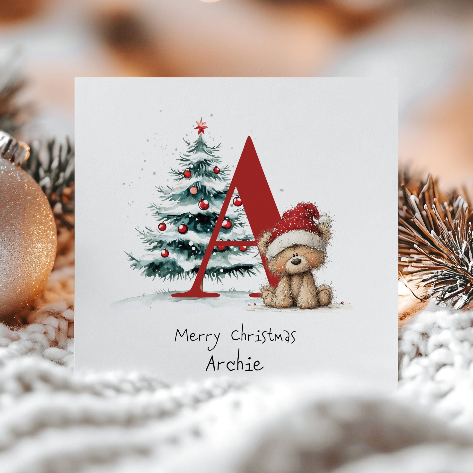 Personalised Christmas Card - Festive Initial Letter A With Teddy Bear & Tree