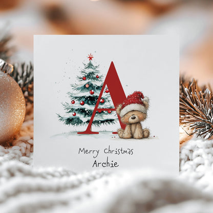 Personalised Christmas Card - Festive Initial Letter A With Teddy Bear & Tree
