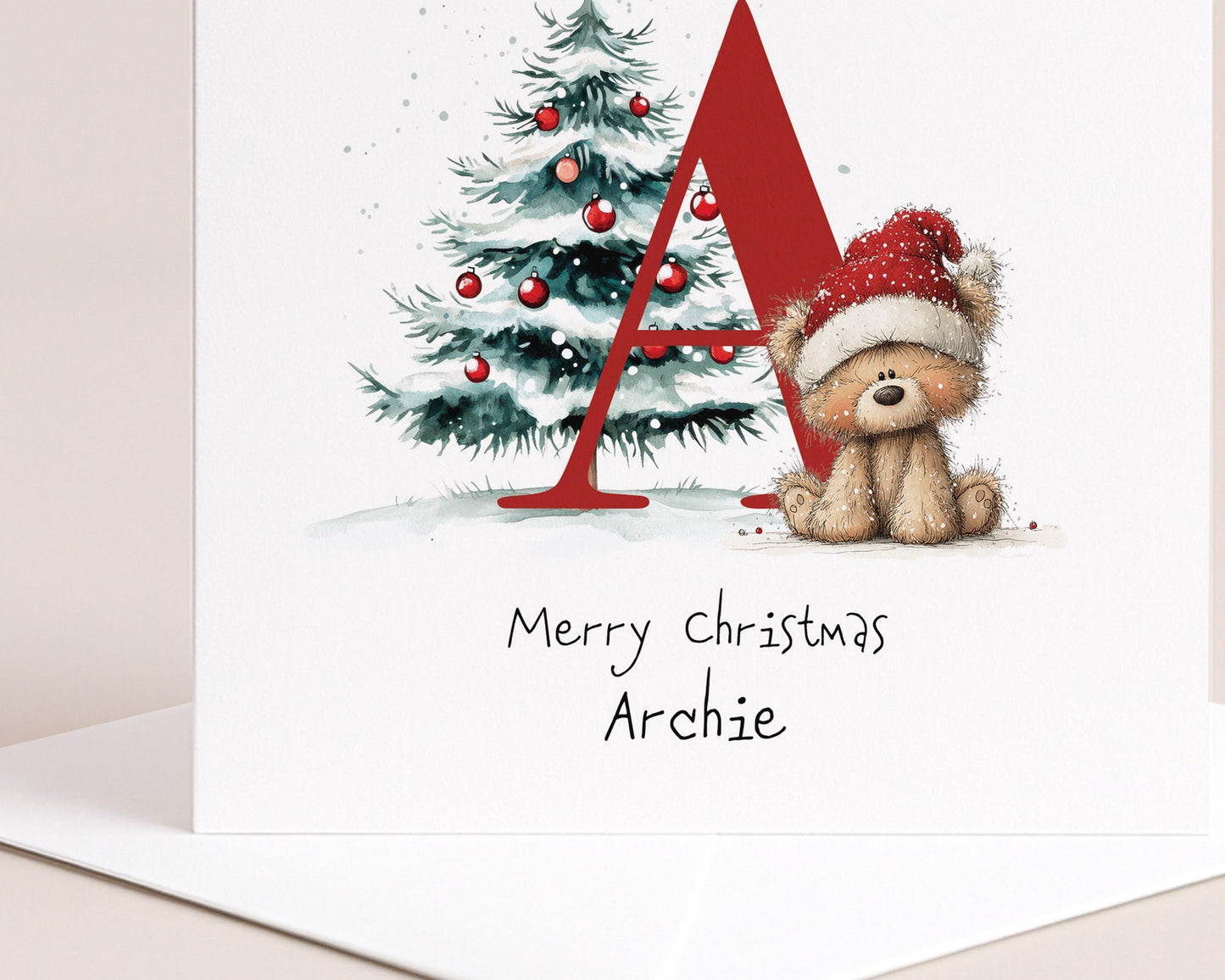 Personalised Christmas Card - Festive Initial Letter A With Teddy Bear & Tree