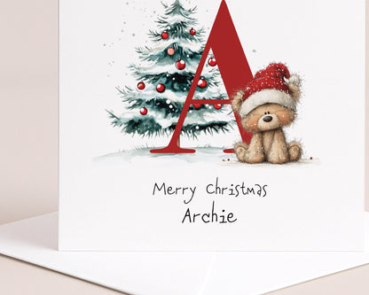 Personalised Christmas Card - Festive Initial Letter A With Teddy Bear & Tree