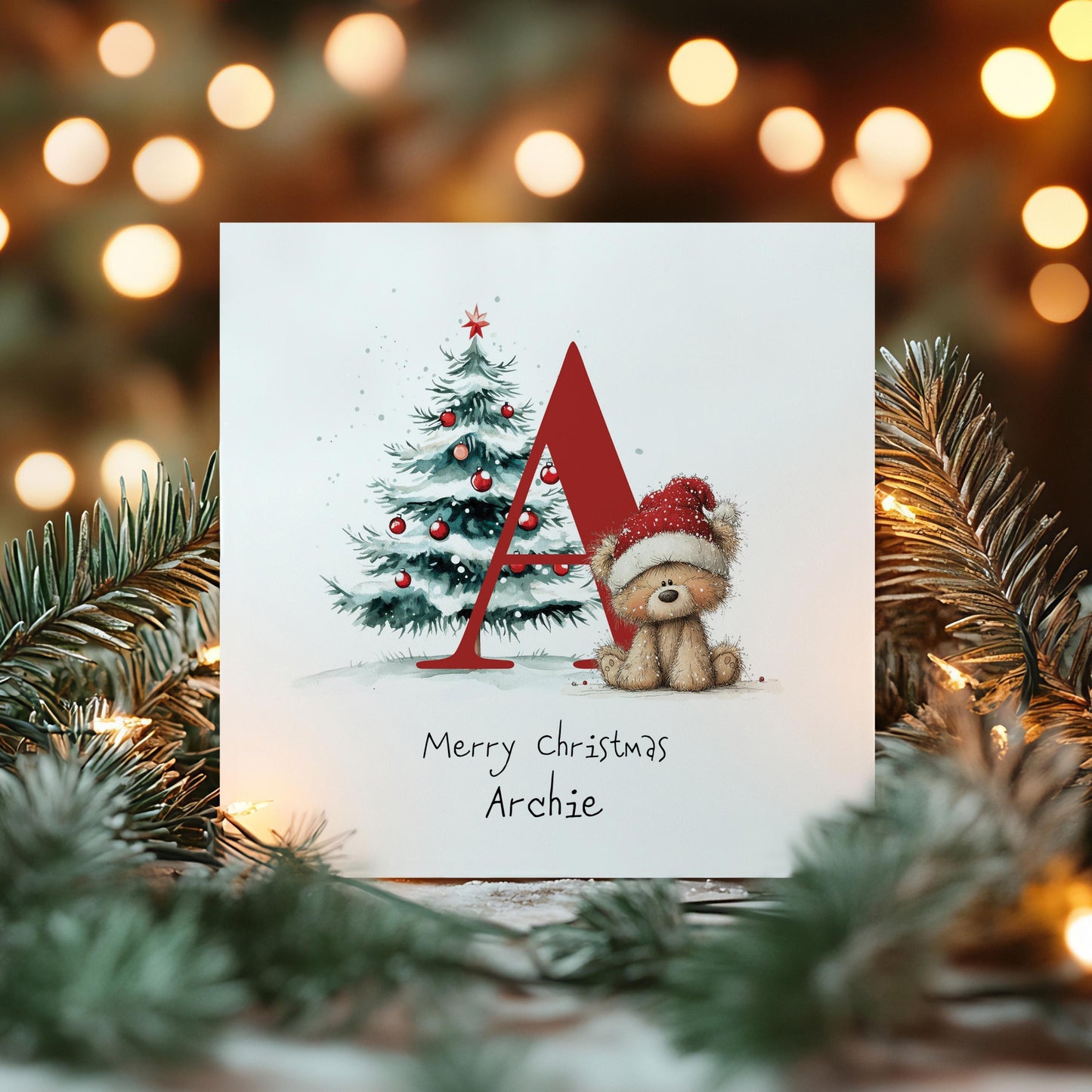 Personalised Christmas Card - Festive Initial Letter A With Teddy Bear & Tree