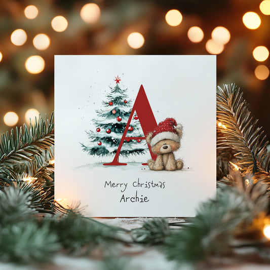Personalised Christmas Card - Festive Initial Letter A With Teddy Bear & Tree