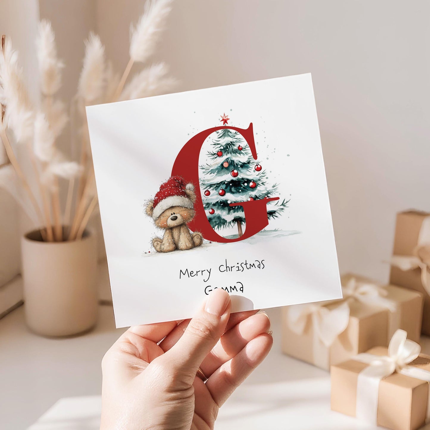 Personalised Christmas Card - Initial G Card With Cute Teddy Bear & Tree