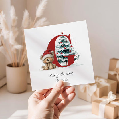 Personalised Christmas Card - Initial G Card With Cute Teddy Bear & Tree