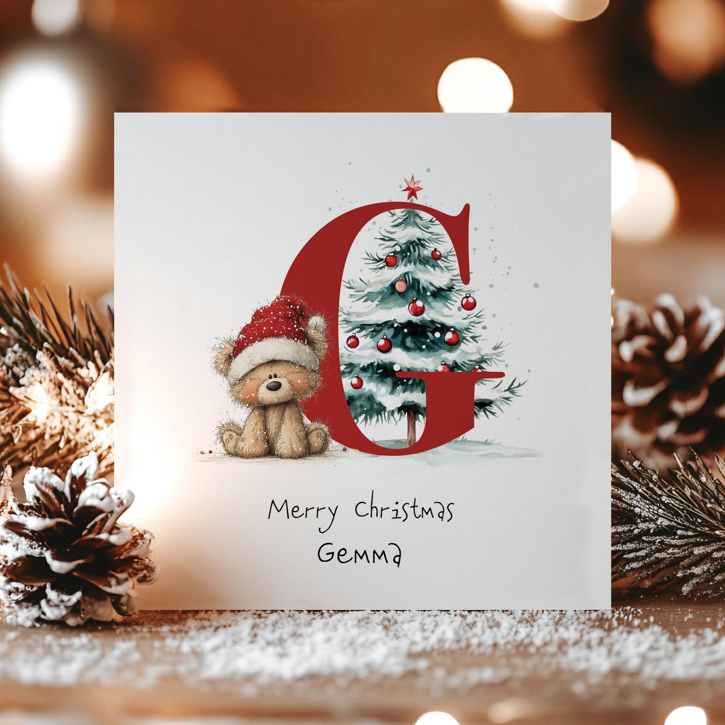 Personalised Christmas Card - Initial G Card With Cute Teddy Bear & Tree