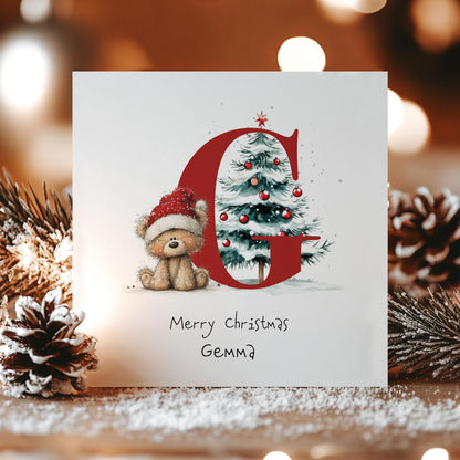 Personalised Christmas Card - Initial G Card With Cute Teddy Bear & Tree