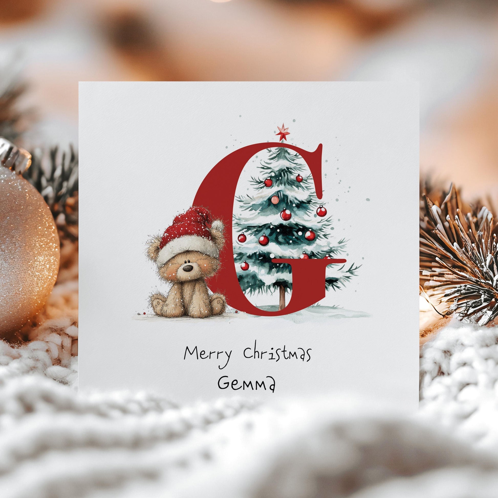 Personalised Christmas Card - Initial G Card With Cute Teddy Bear & Tree