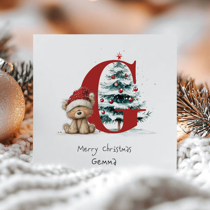 Personalised Christmas Card - Initial G Card With Cute Teddy Bear & Tree