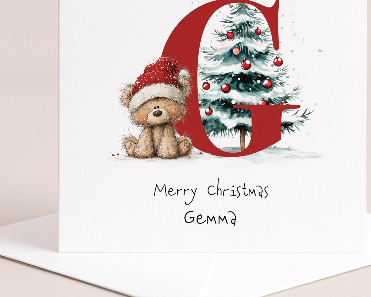 Personalised Christmas Card - Initial G Card With Cute Teddy Bear & Tree