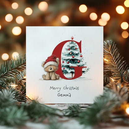 Personalised Christmas Card - Initial G Card With Cute Teddy Bear & Tree