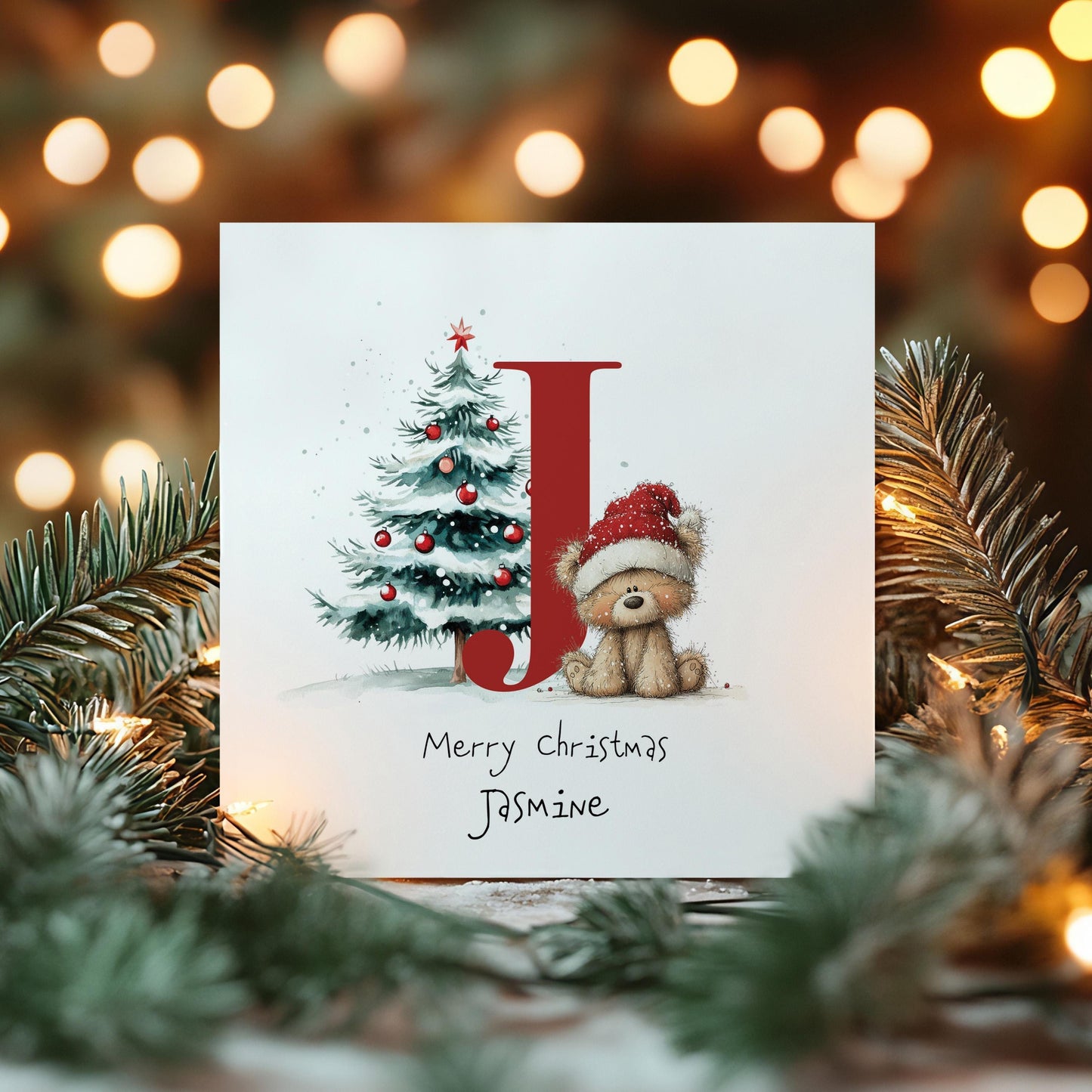 Personalised Christmas Card – Initial J With Cute Bear & Christmas Tree
