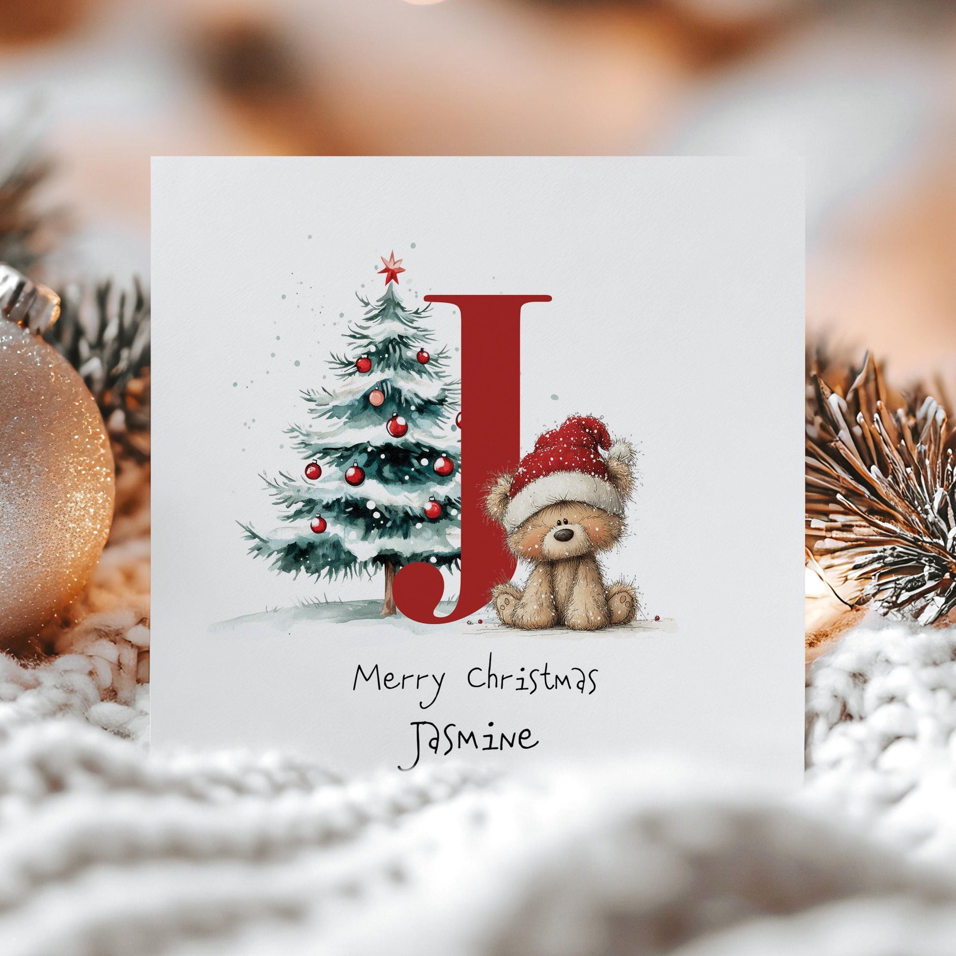 Personalised Christmas Card – Initial J With Cute Bear & Christmas Tree