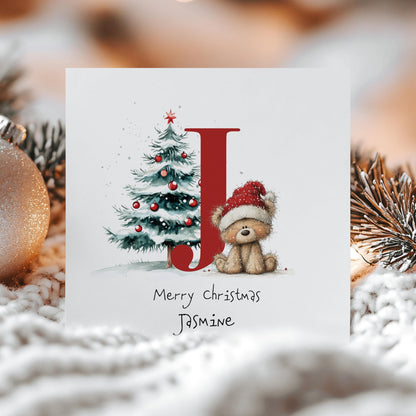 Personalised Christmas Card – Initial J With Cute Bear & Christmas Tree