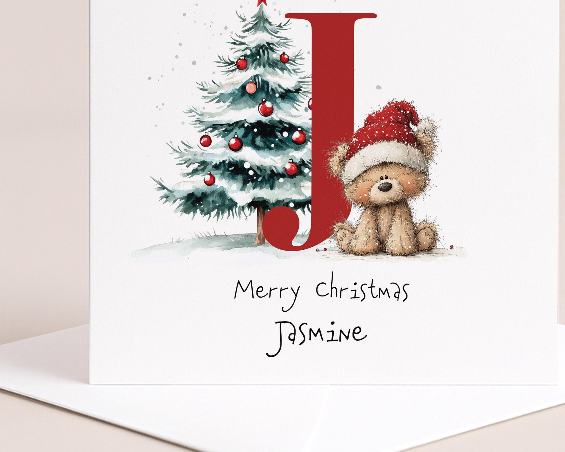 Personalised Christmas Card – Initial J With Cute Bear & Christmas Tree