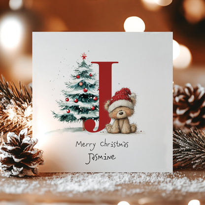 Personalised Christmas Card – Initial J With Cute Bear & Christmas Tree