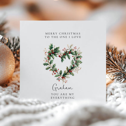 Personalised Christmas Card - Romantic Keepsake Holiday Card with Festive Holly Wreath