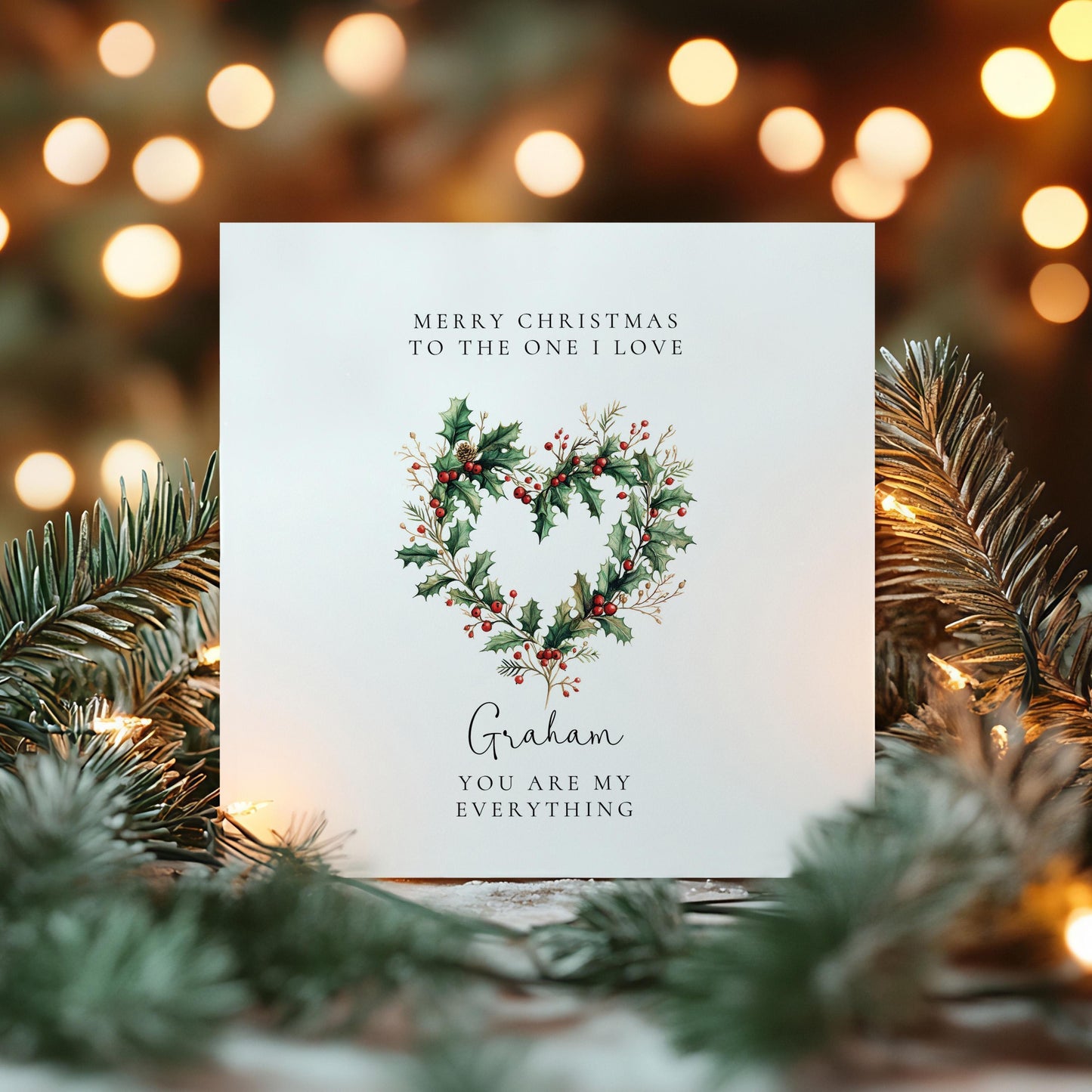 Personalised Christmas Card - Romantic Keepsake Holiday Card with Festive Holly Wreath