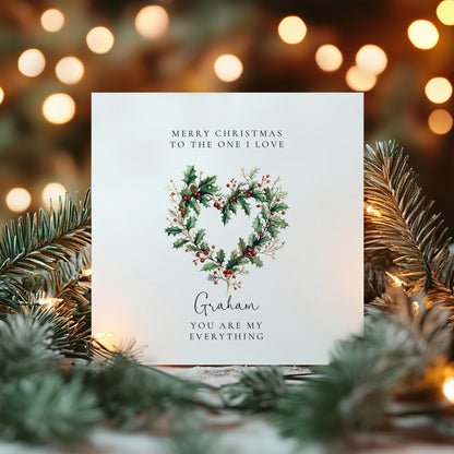 Personalised Christmas Card - Romantic Keepsake Holiday Card with Festive Holly Wreath