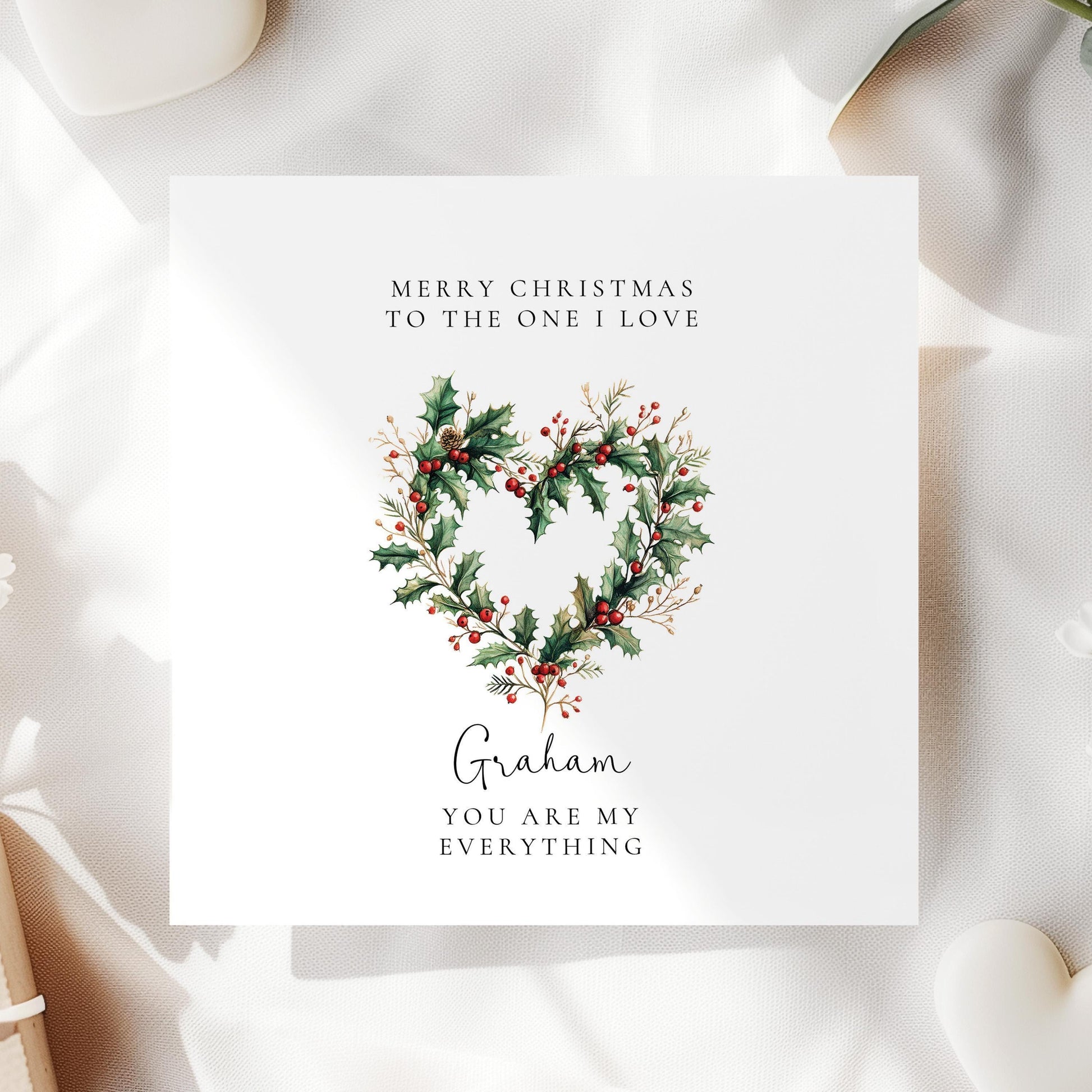 Personalised Christmas Card - Romantic Keepsake Holiday Card with Festive Holly Wreath