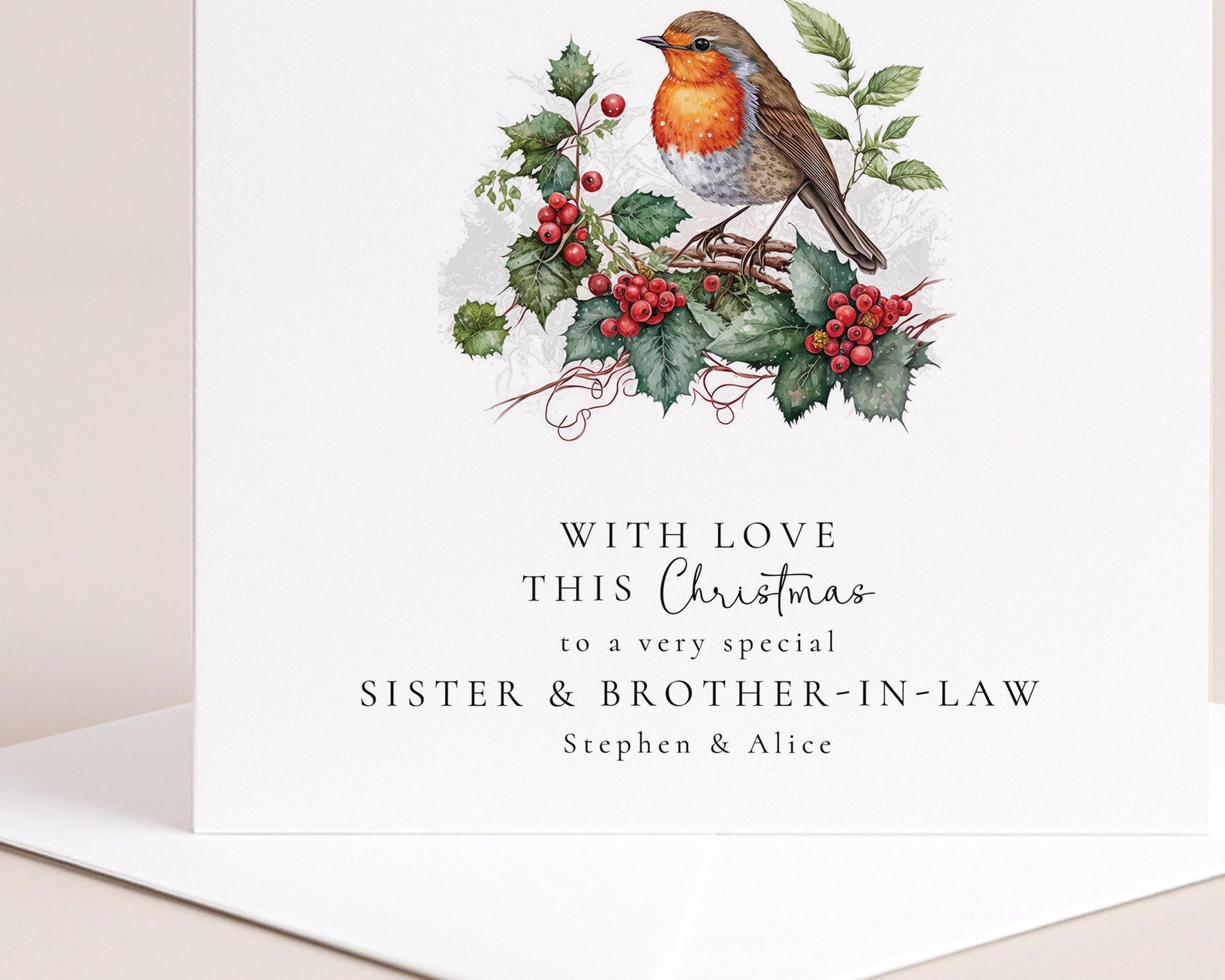 Personalised Christmas Card – Sister and Brother in Law – Winter Robin & Festive Holly
