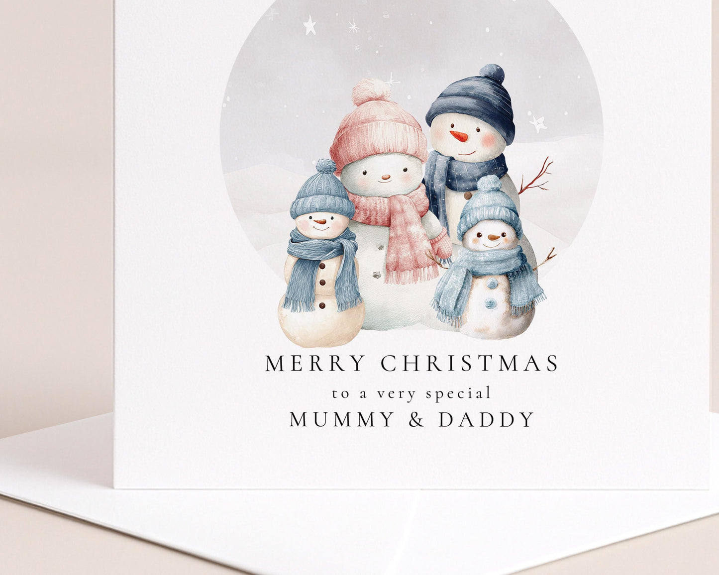Personalised Christmas Card | Snowman Family Card From Two Sons To Mummy & Daddy