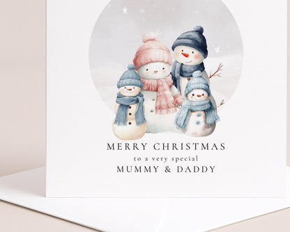 Personalised Christmas Card | Snowman Family Card From Two Sons To Mummy & Daddy