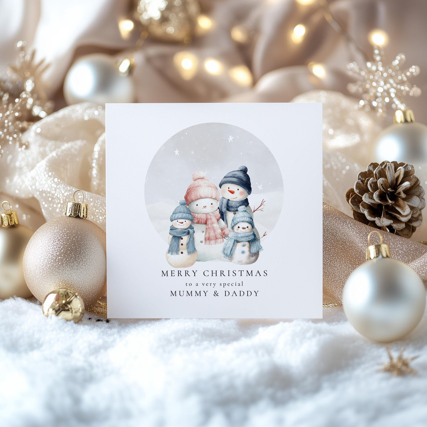 Personalised Christmas Card | Snowman Family Card From Two Sons To Mummy & Daddy