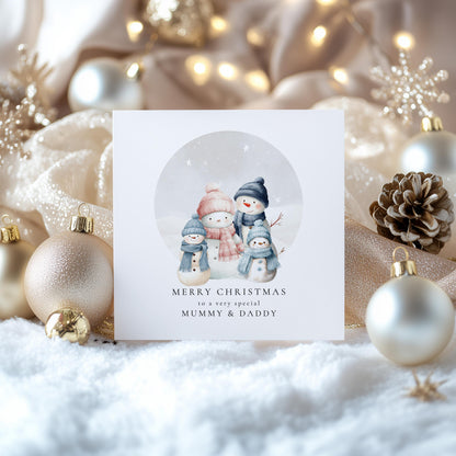 Personalised Christmas Card | Snowman Family Card From Two Sons To Mummy & Daddy