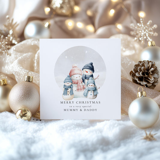 Personalised Christmas Card | Snowman Family Card From Two Sons To Mummy & Daddy