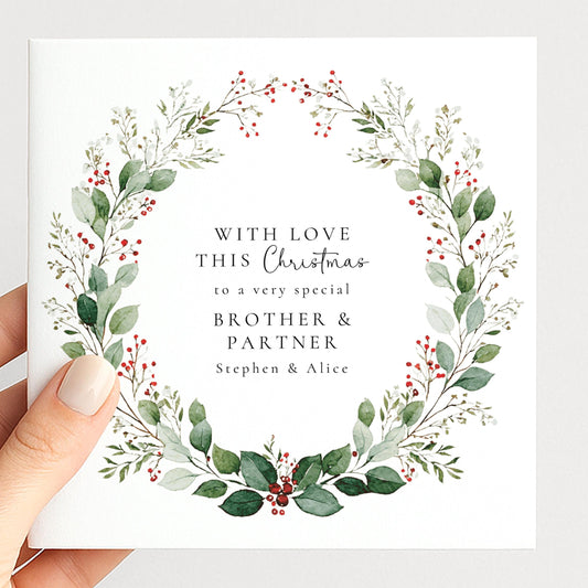 Personalised Christmas Card for Brother & Partner Wreath
