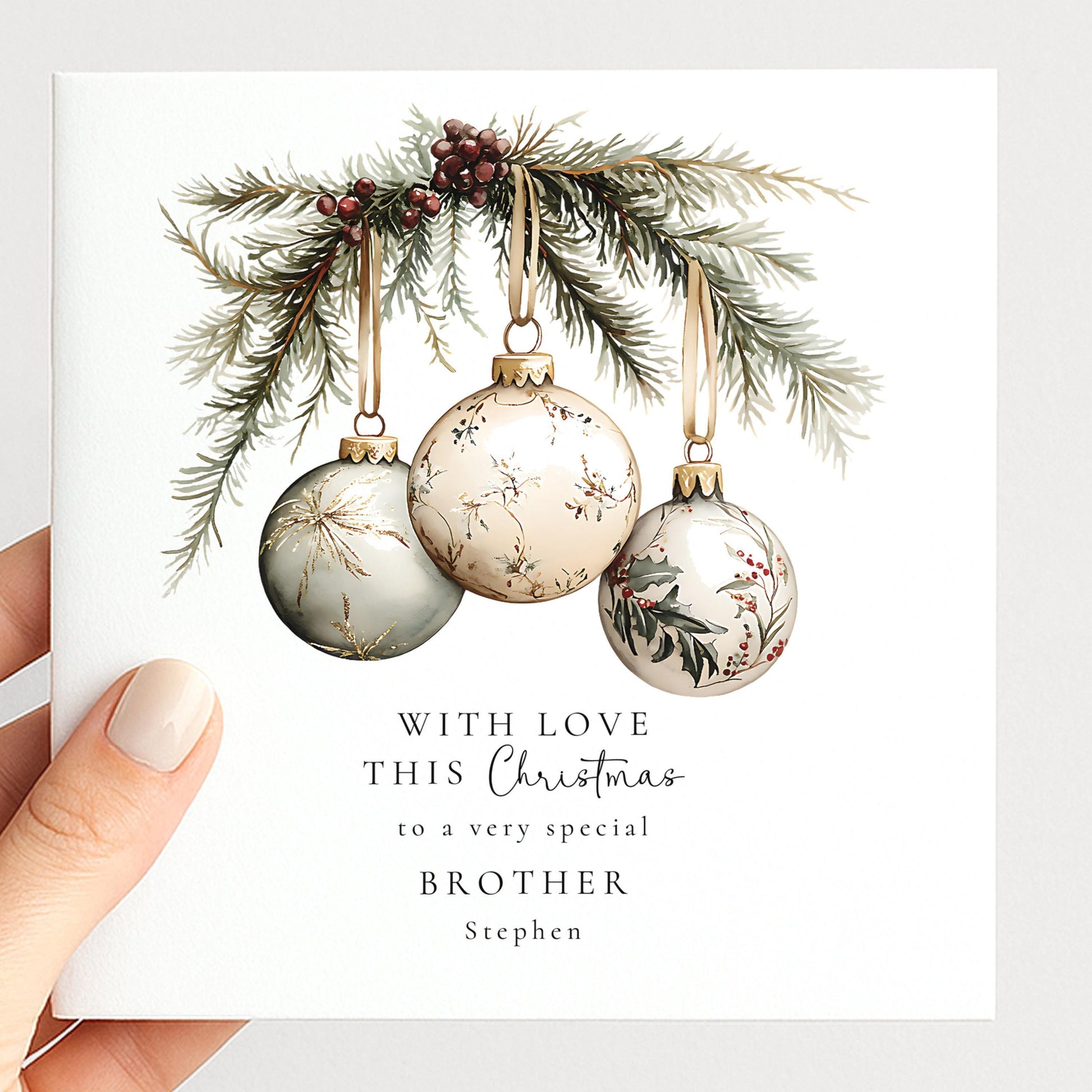 Personalised Christmas Card for Brother White Baubles