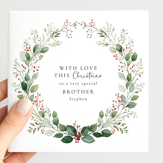 Personalised Christmas Card for Brother Wreath