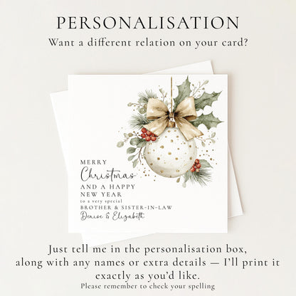 Personalised Christmas Card for Brother and Sister-in-law Christmas Bauble Card