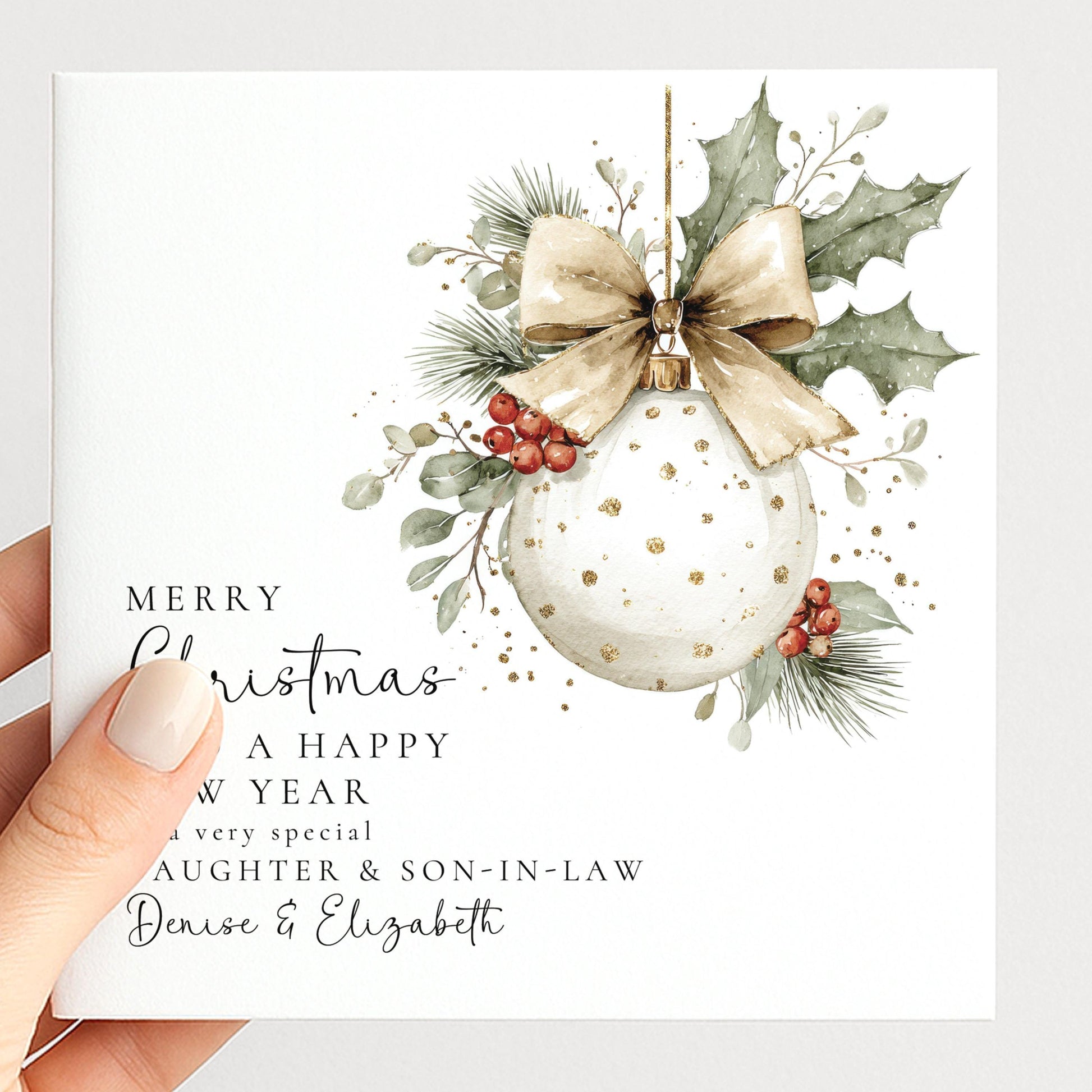 Personalised Christmas Card for Daughter and Son-in-law White Bauble