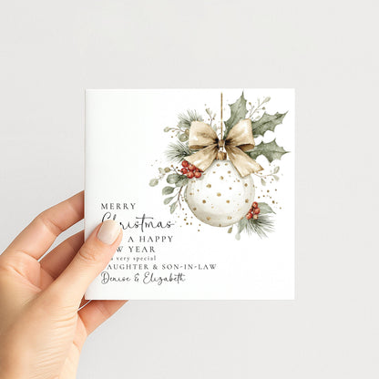 Personalised Christmas Card for Daughter and Son-in-law White Bauble