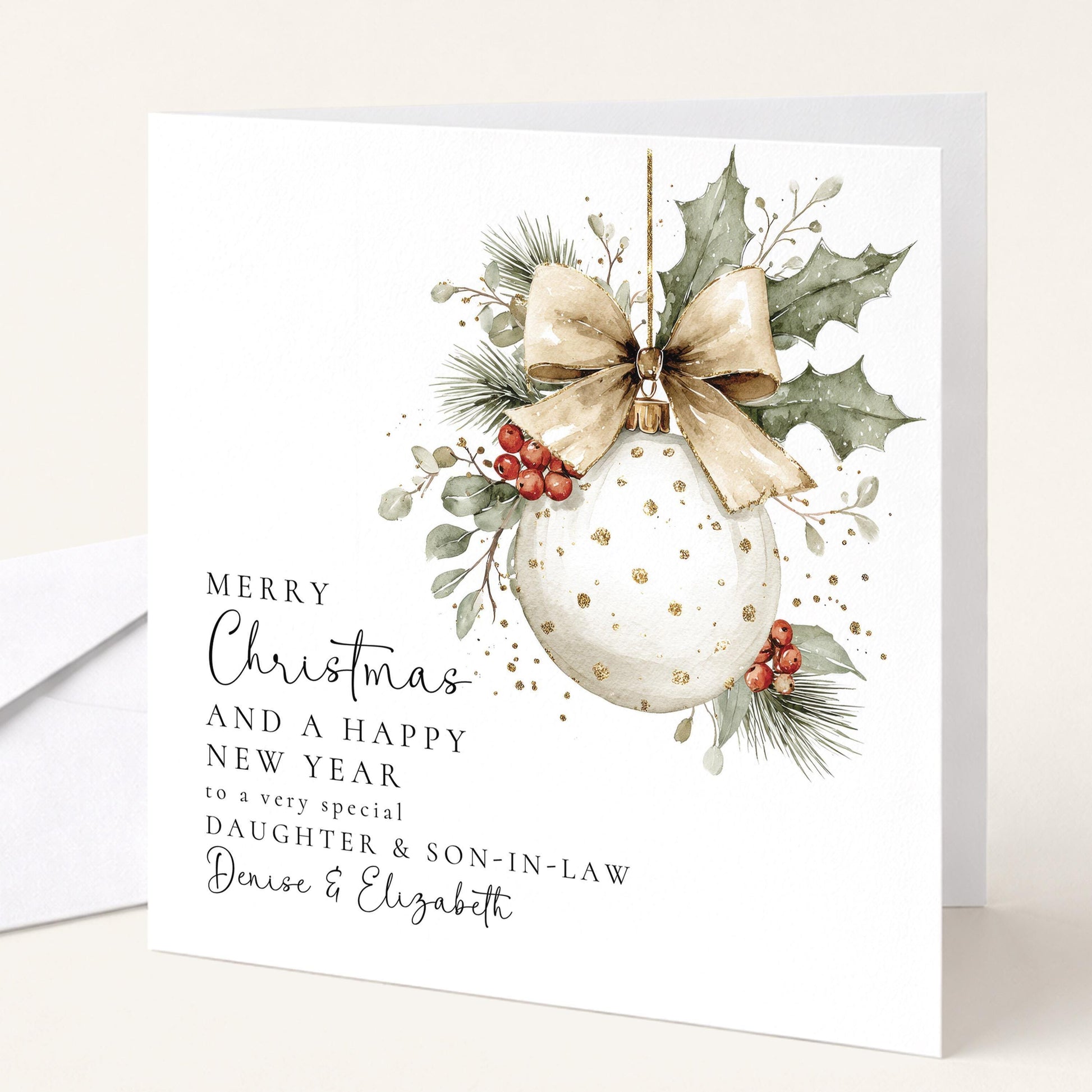Personalised Christmas Card for Daughter and Son-in-law White Bauble