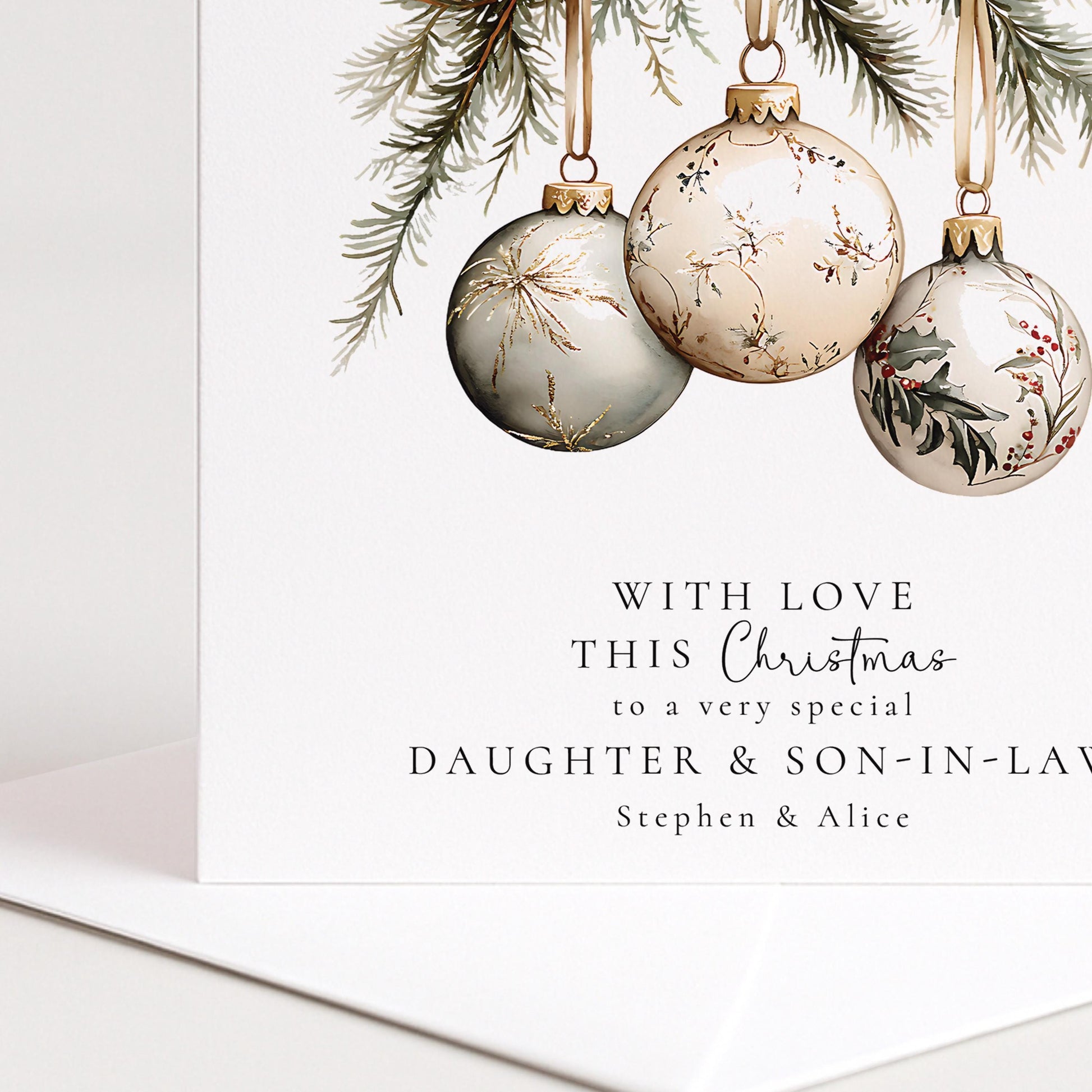 Personalised Christmas Card for Daughter and Son-in-law White Baubles