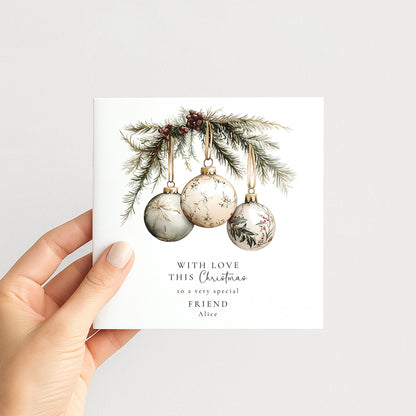 Personalised Christmas Card for Friend White Baubles