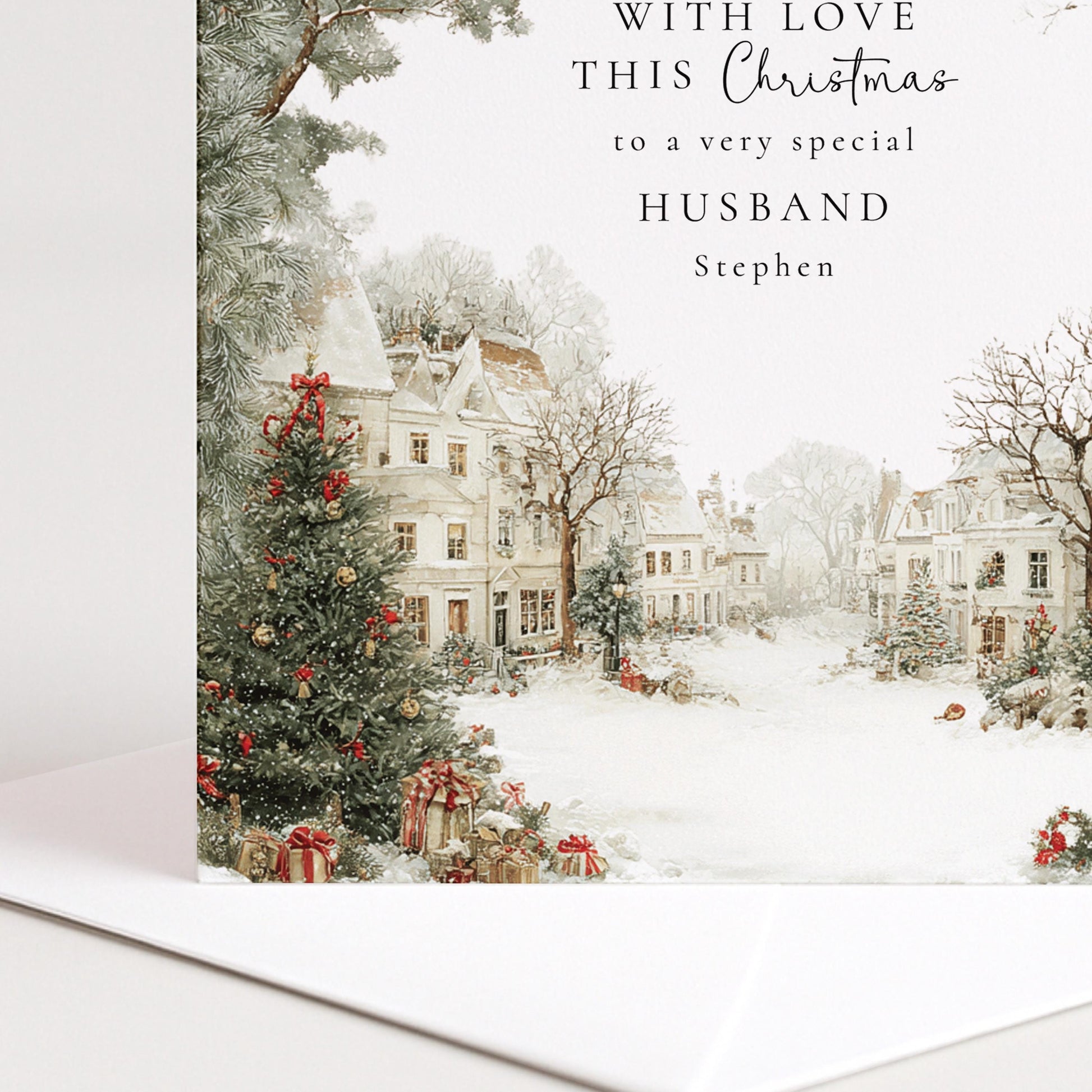 Personalised Christmas Card for Husband Village Scene