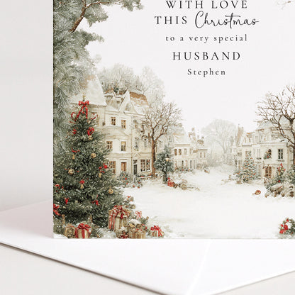 Personalised Christmas Card for Husband Village Scene