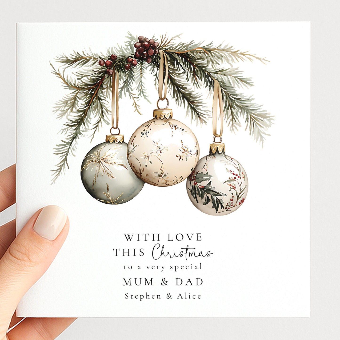 Personalised Christmas Card for Mum and Dad White Baubles