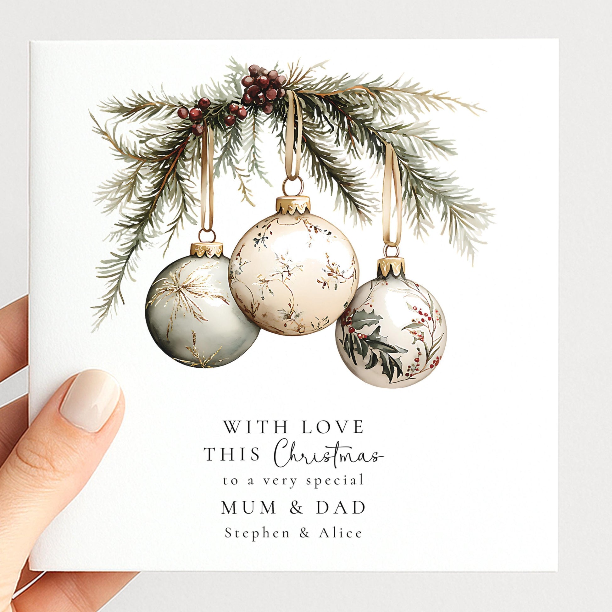Personalised Christmas Card for Mum and Dad White Baubles