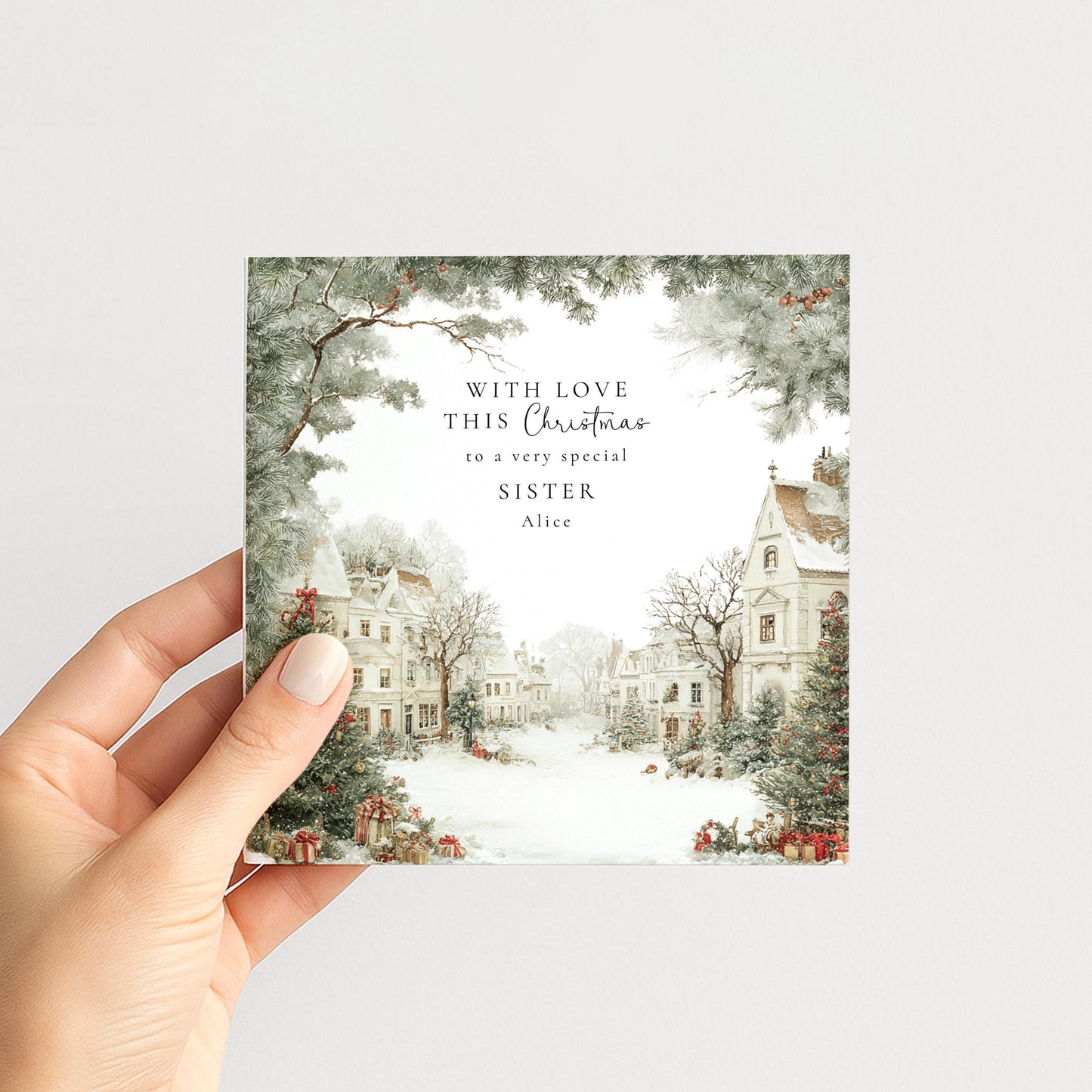 Personalised Christmas Card for Sister Village Scene
