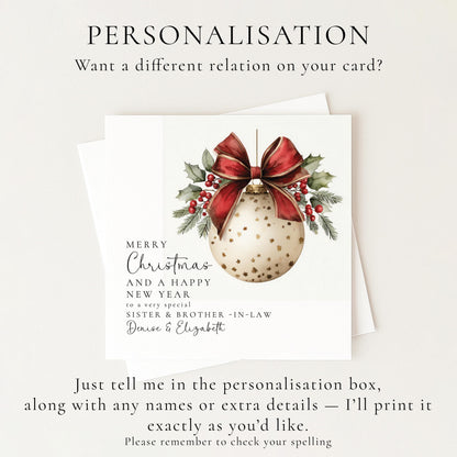Personalised Christmas Card for Sister and Brother-in-law Christmas Baubel Card