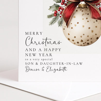 Personalised Christmas Card for Son and Daughter-in-law Bauble Card