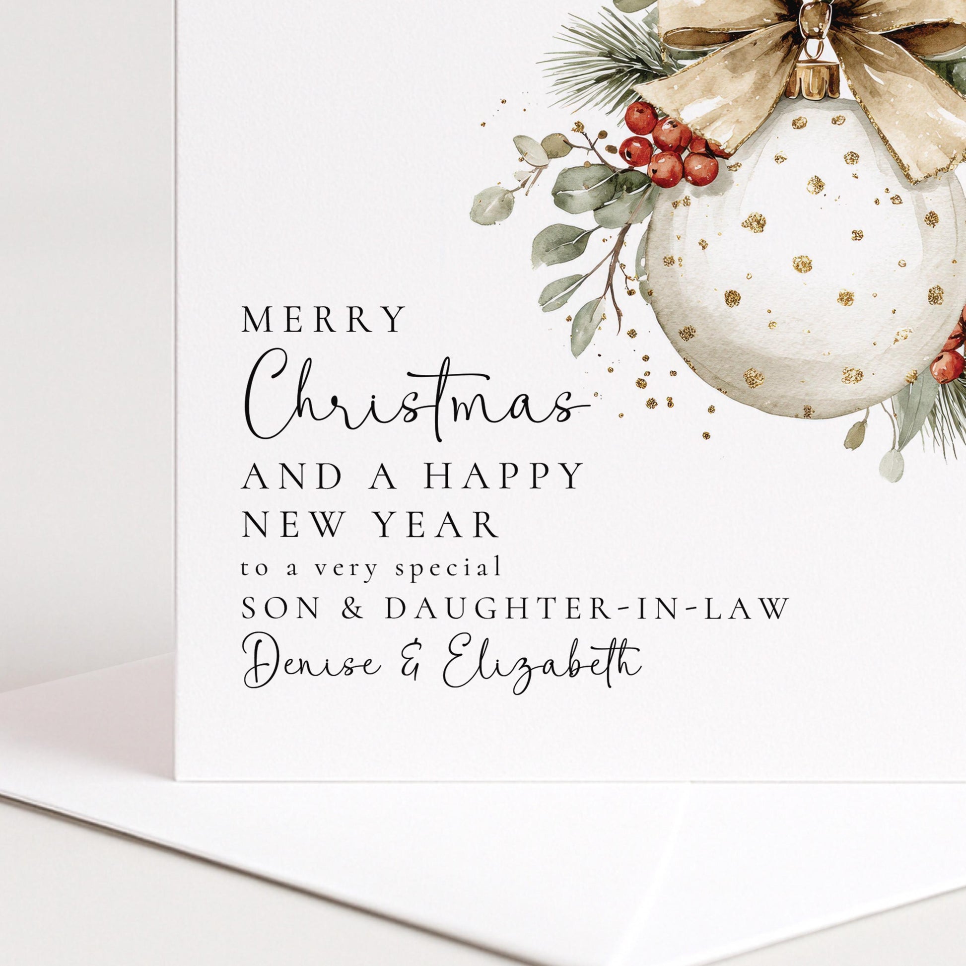 Personalised Christmas Card for Son and Daughter-in-law Bauble Card