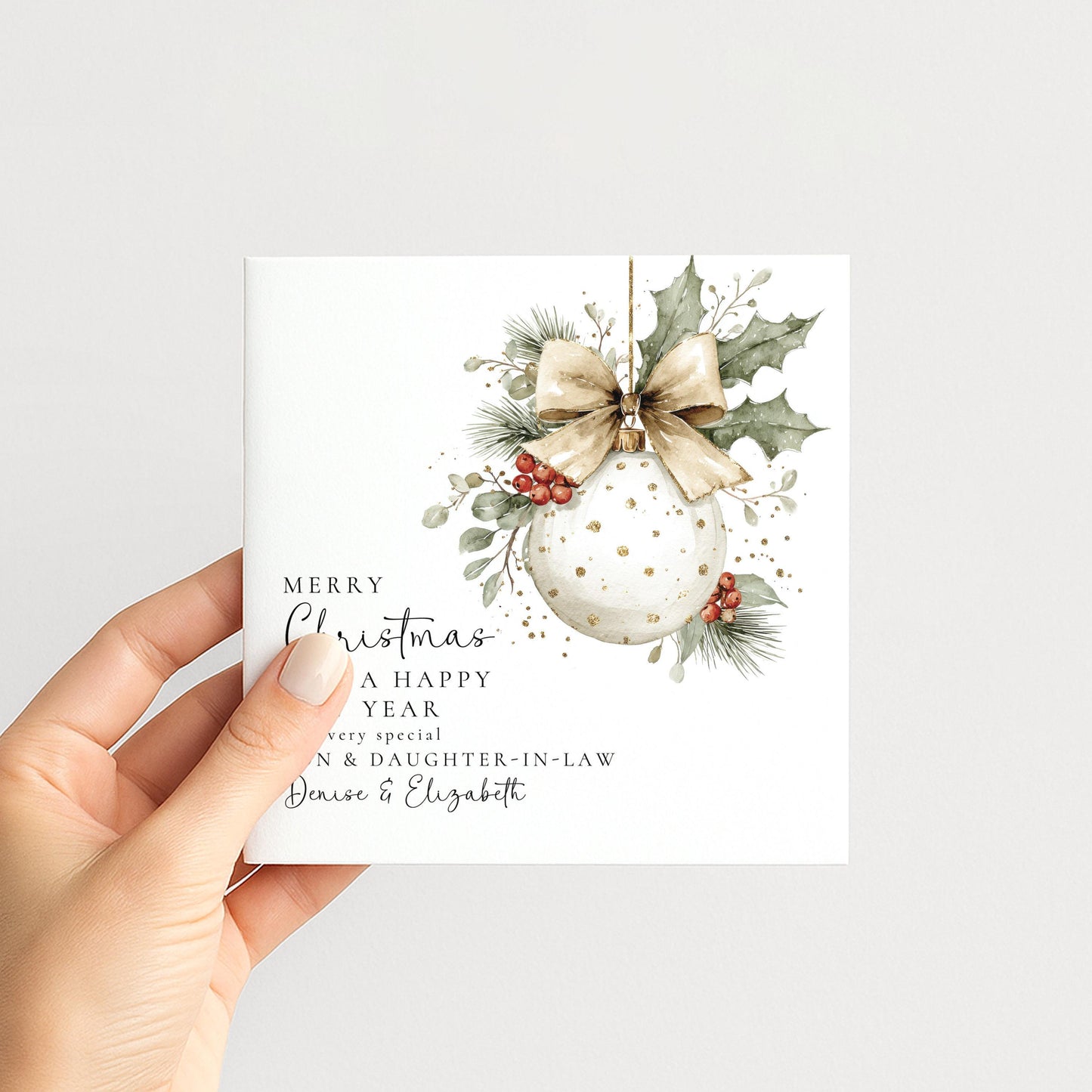 Personalised Christmas Card for Son and Daughter-in-law Bauble Card