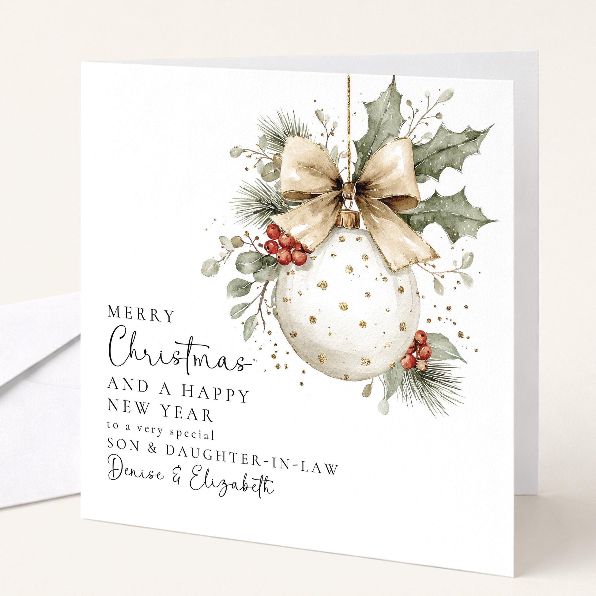 Personalised Christmas Card for Son and Daughter-in-law Bauble Card